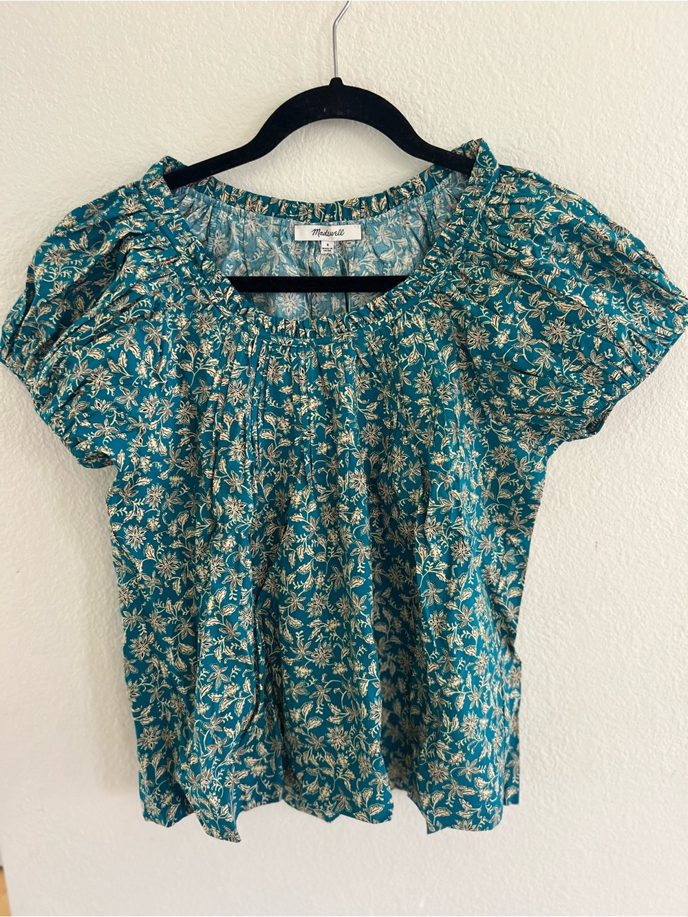 Madewell Teal Floral Flutter-Sleeve Blouse
